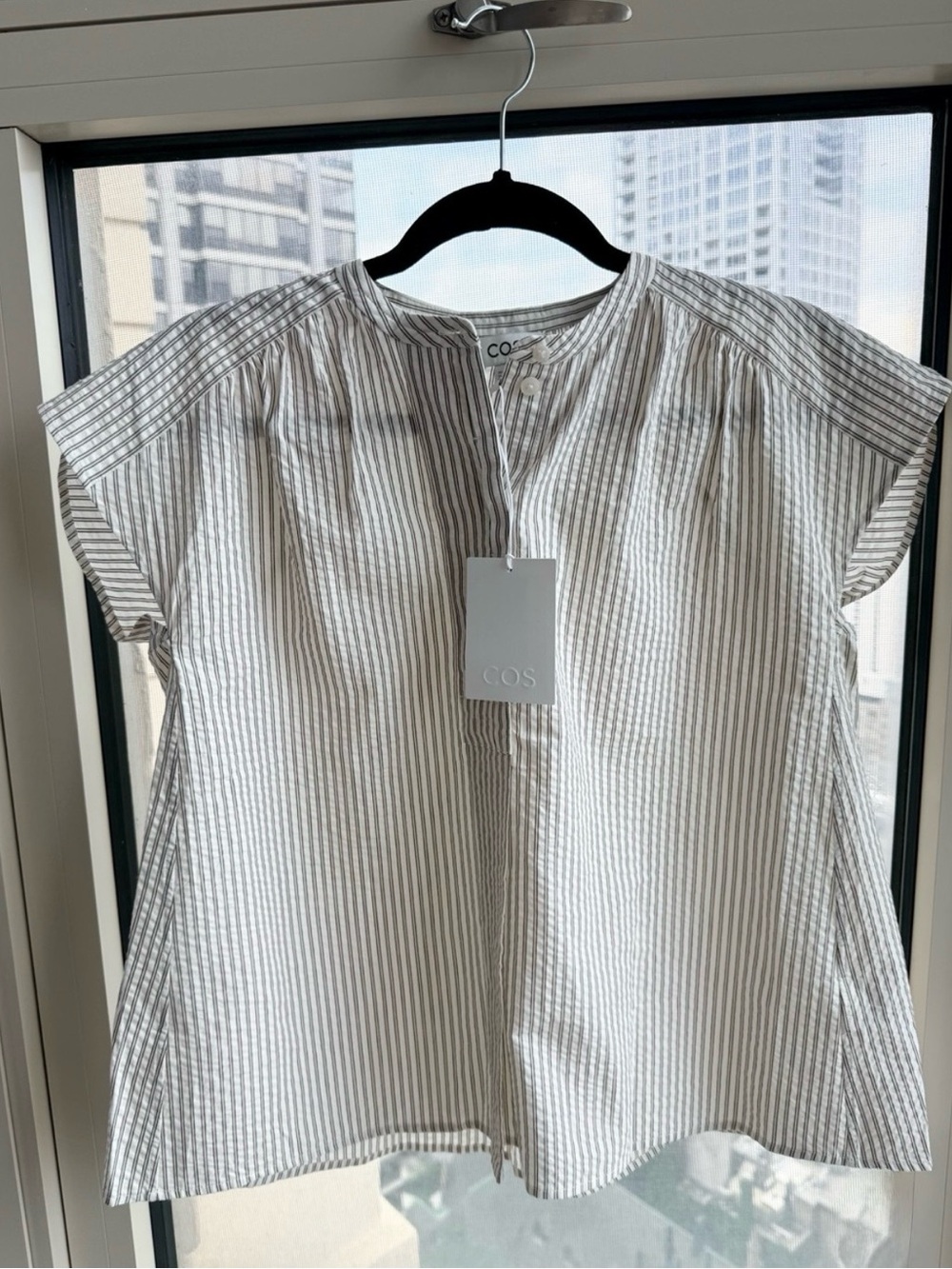 COS White and Light Gray Striped Short-Sleeve Blouse